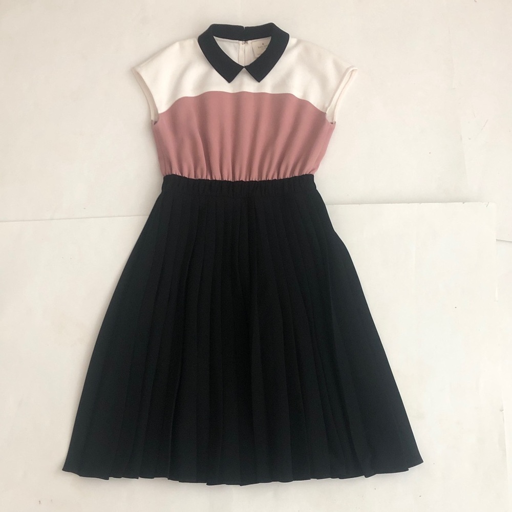 Kate Spade S Dress Pink Black White Collar Button Keyhole Zipper back Pleated